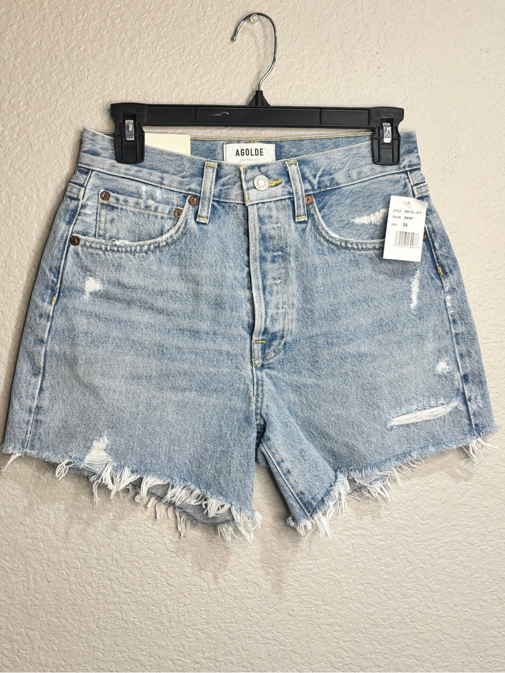 Agolde Light Blue Distressed High-Rise Denim Shorts